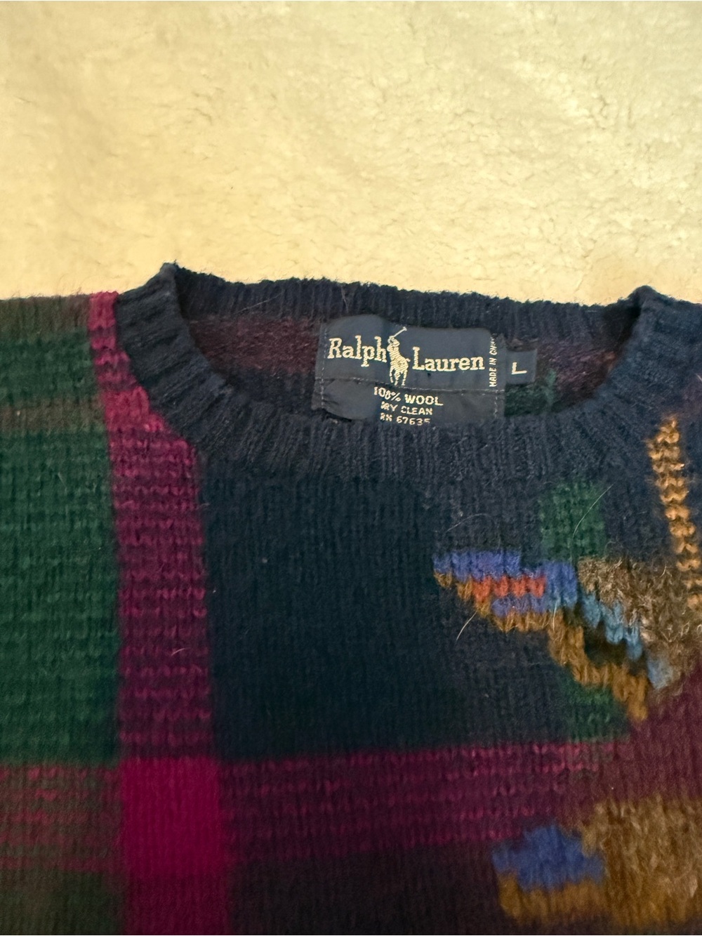 Ralph Lauren Plaid Crewneck Sweater with Duck Intarsia - Navy, Purple & Green - Picture 2 of 3